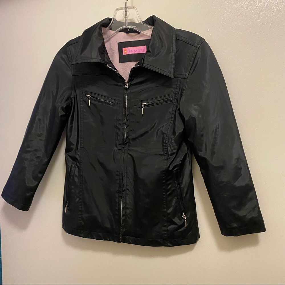 Gasoline Girls Black Bomber Jacket Size M Medium 10 12 Pink Fleece Lining READ